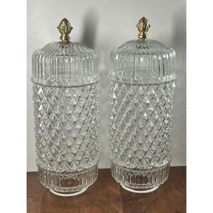Vintage Lamp Shades Diamond Point Glass Mid Century Clear Gold Finial Pair 12"